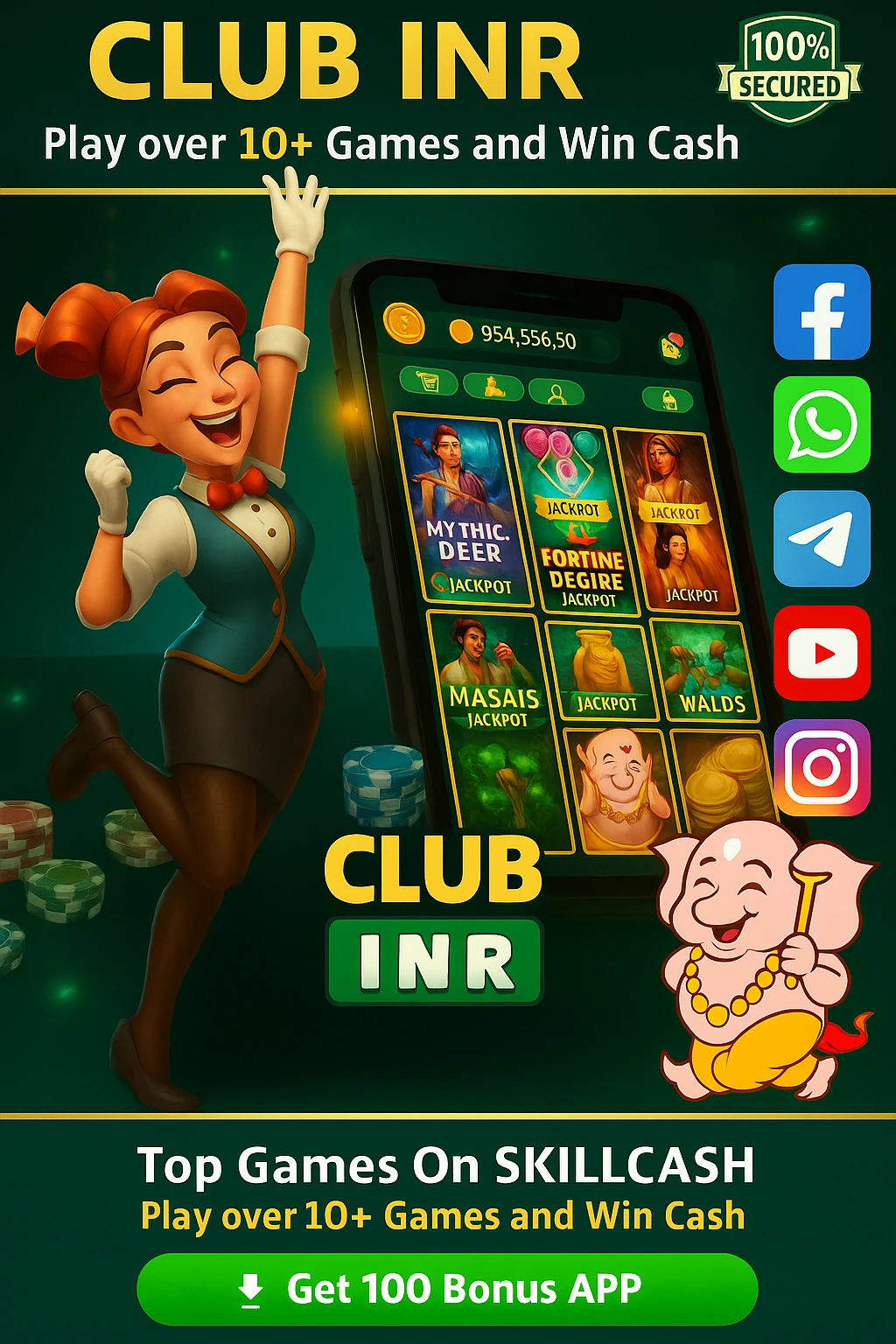 Club INR Poster – ₹150–₹500 Bonus, ₹100 UPI Withdrawal